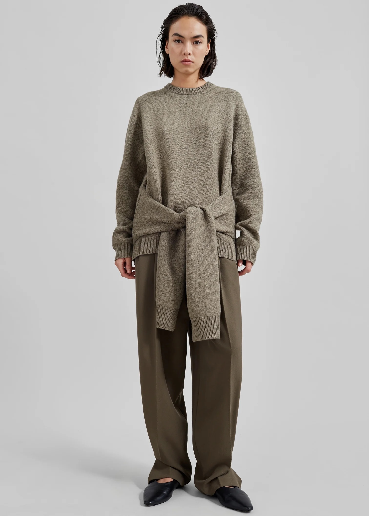 Customized Olive Knit Sweater with Tied Waist