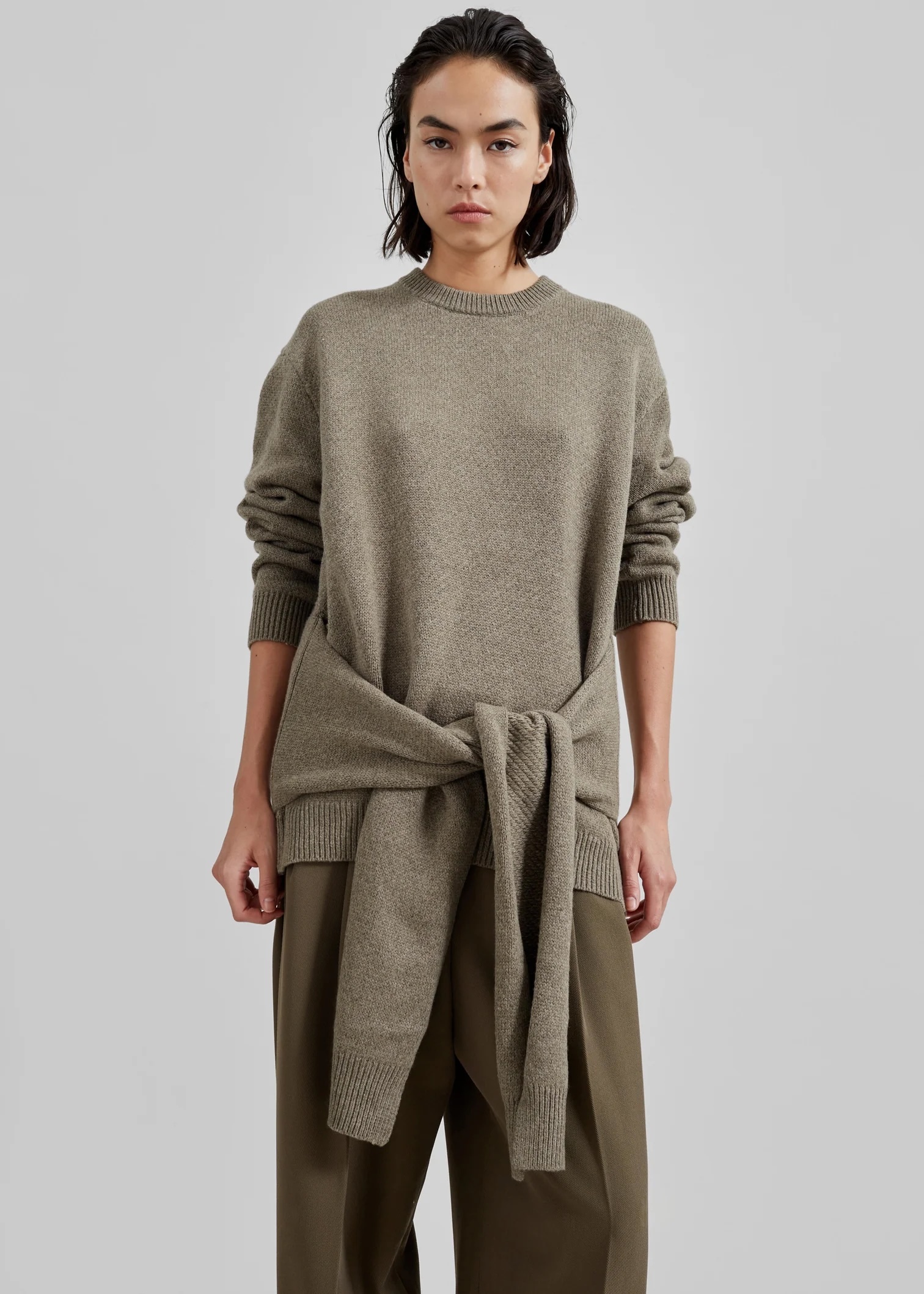 Customized Olive Knit Sweater with Tied Waist