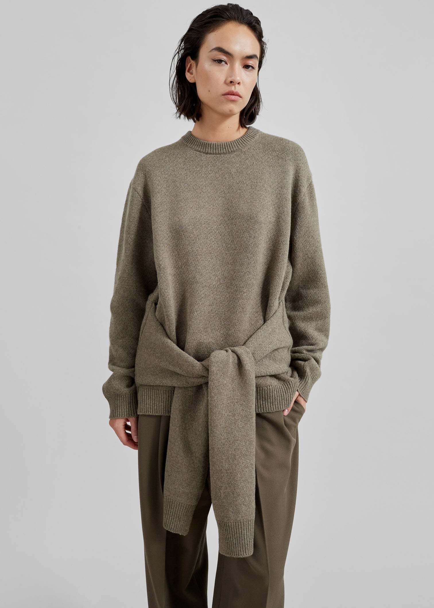 Customized Olive Knit Sweater with Tied Waist