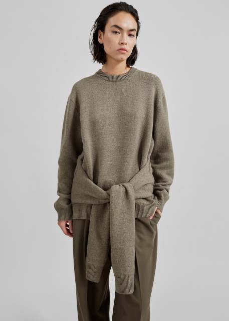 Customized Olive Knit Sweater with Tied Waist