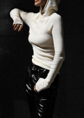 Custom Design White Ribbed Turtleneck Sweater with Thumb Holes