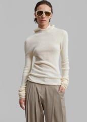 Custom Design White Ribbed Turtleneck Sweater with Thumb Holes