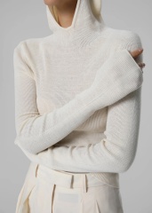 Custom Design White Ribbed Turtleneck Sweater with Thumb Holes