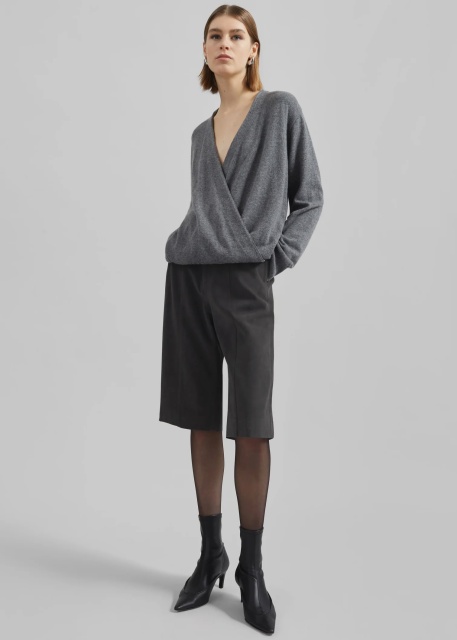 Made-to-order Grey Wrap-Style Sweater with Button Detail