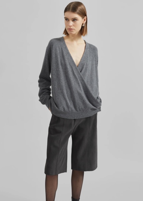 Made-to-order Grey Wrap-Style Sweater with Button Detail