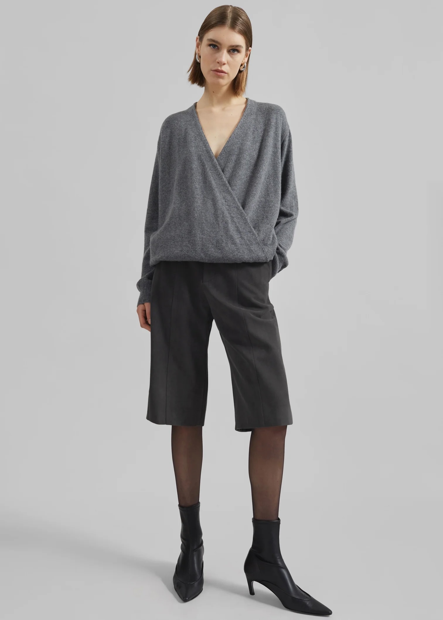 Made-to-order Grey Wrap-Style Sweater with Button Detail