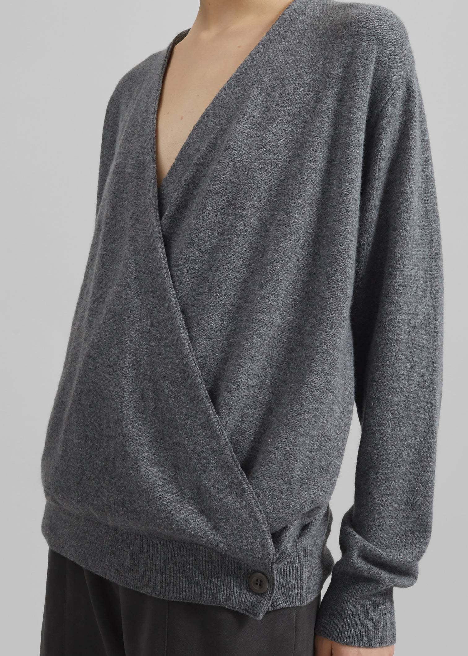 Made-to-order Grey Wrap-Style Sweater with Button Detail