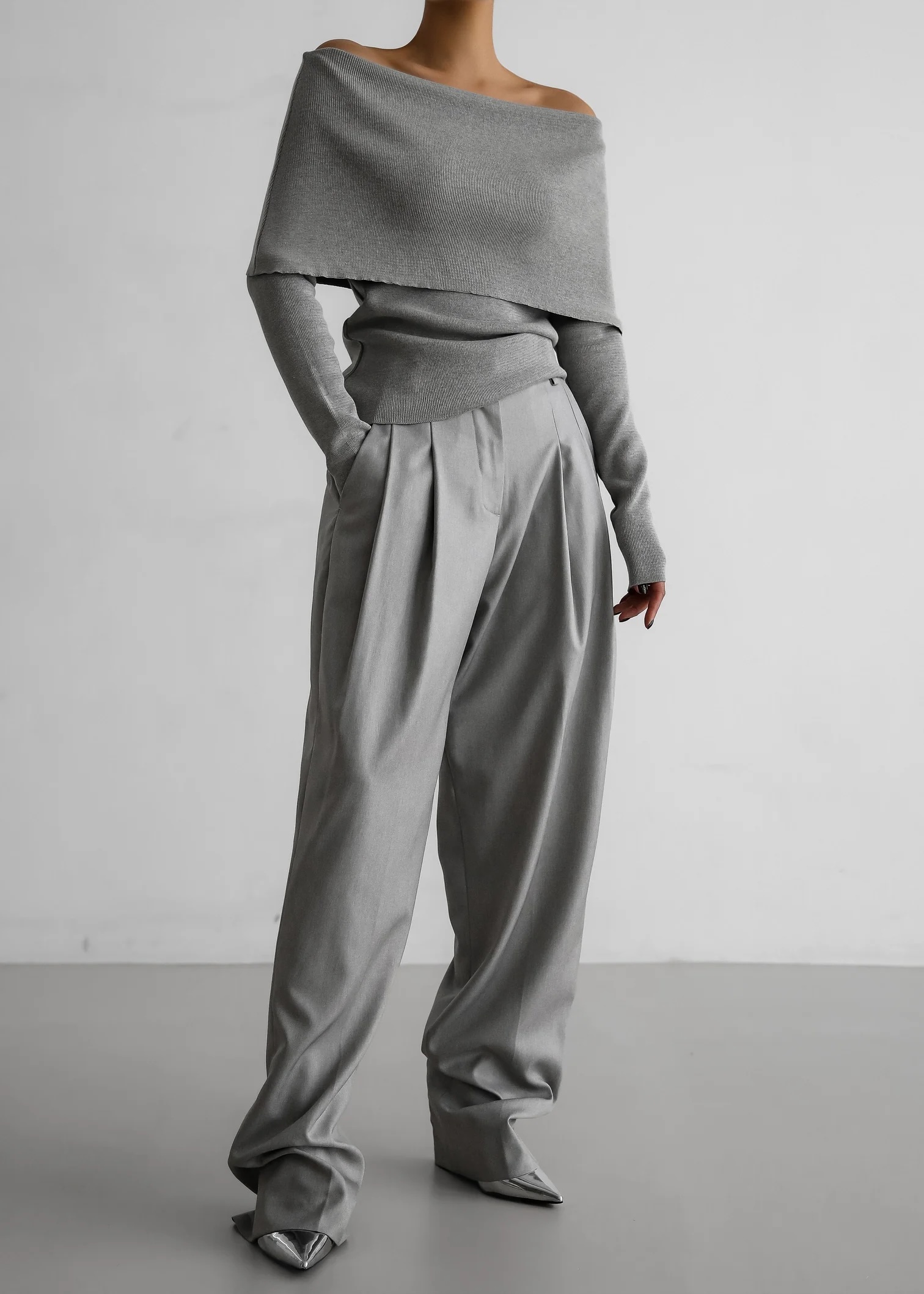 Factory Direct Off-Shoulder Grey Knit Sweater