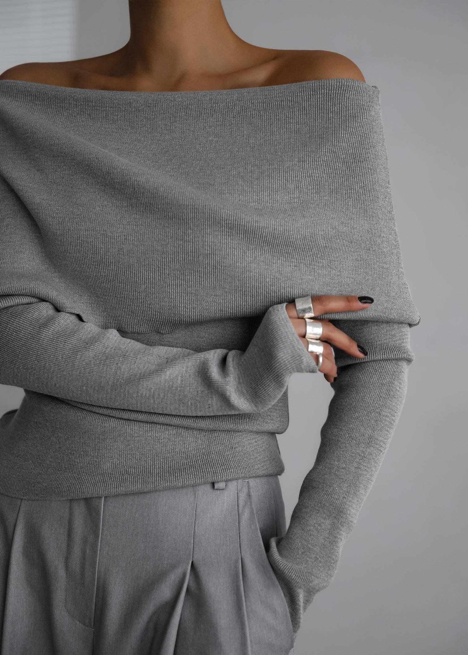 Factory Direct Off-Shoulder Grey Knit Sweater
