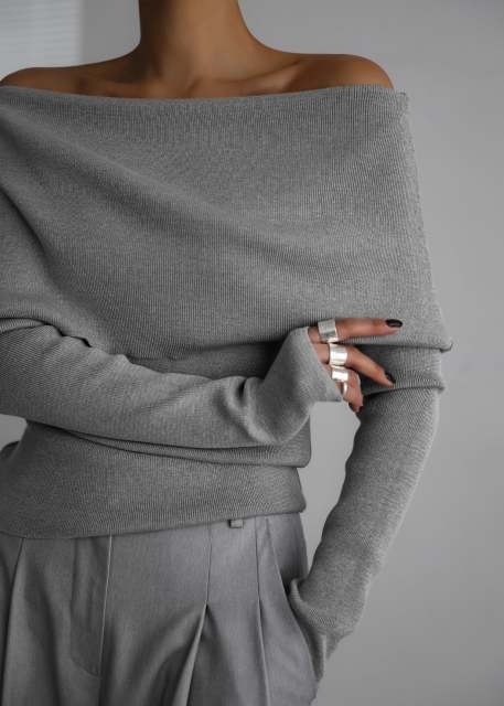Factory Direct Off-Shoulder Grey Knit Sweater