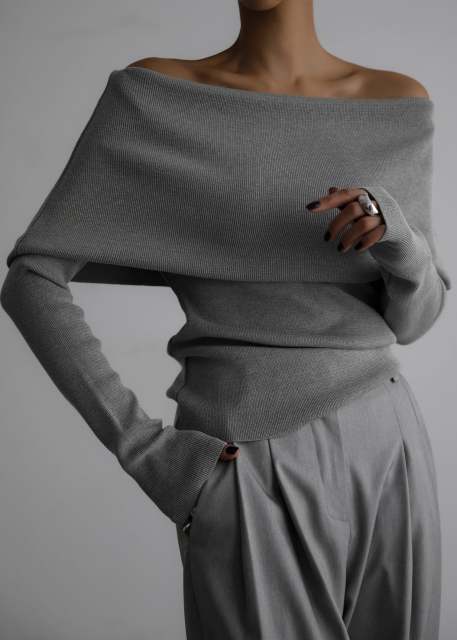 Factory Direct Off-Shoulder Grey Knit Sweater