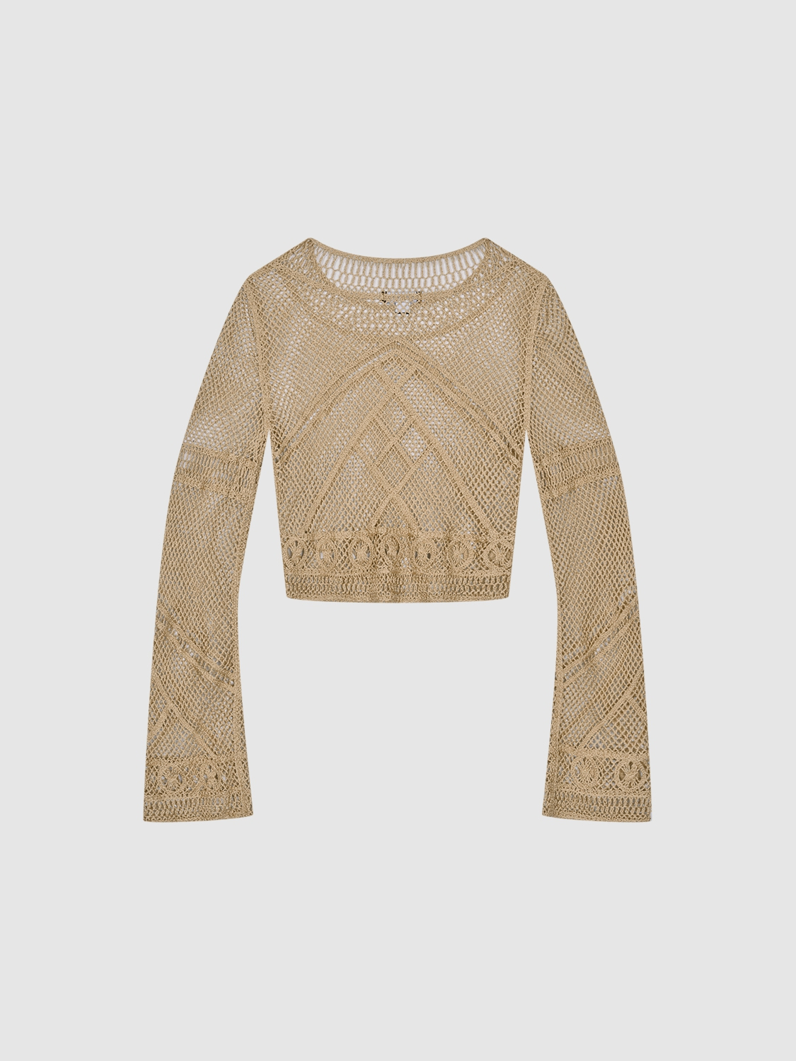 ODM  Beige Crochet Long Sleeve Crop Top