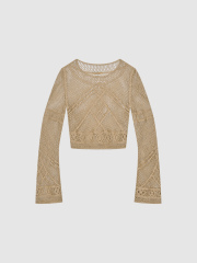 ODM  Beige Crochet Long Sleeve Crop Top