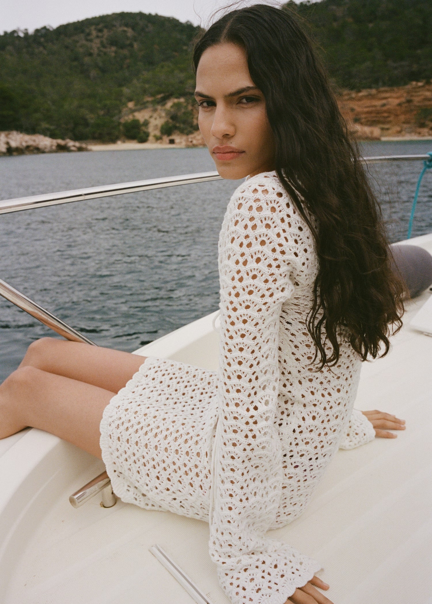 ODM White Crochet Long Sleeve Dress