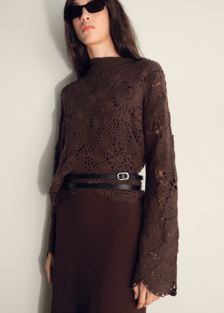 ODM Brown Crochet Long Sleeve Top