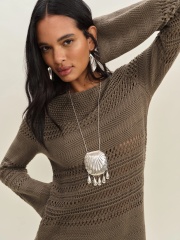 Personal Design Olive Green Crochet Knit Bell Sleeve Dress