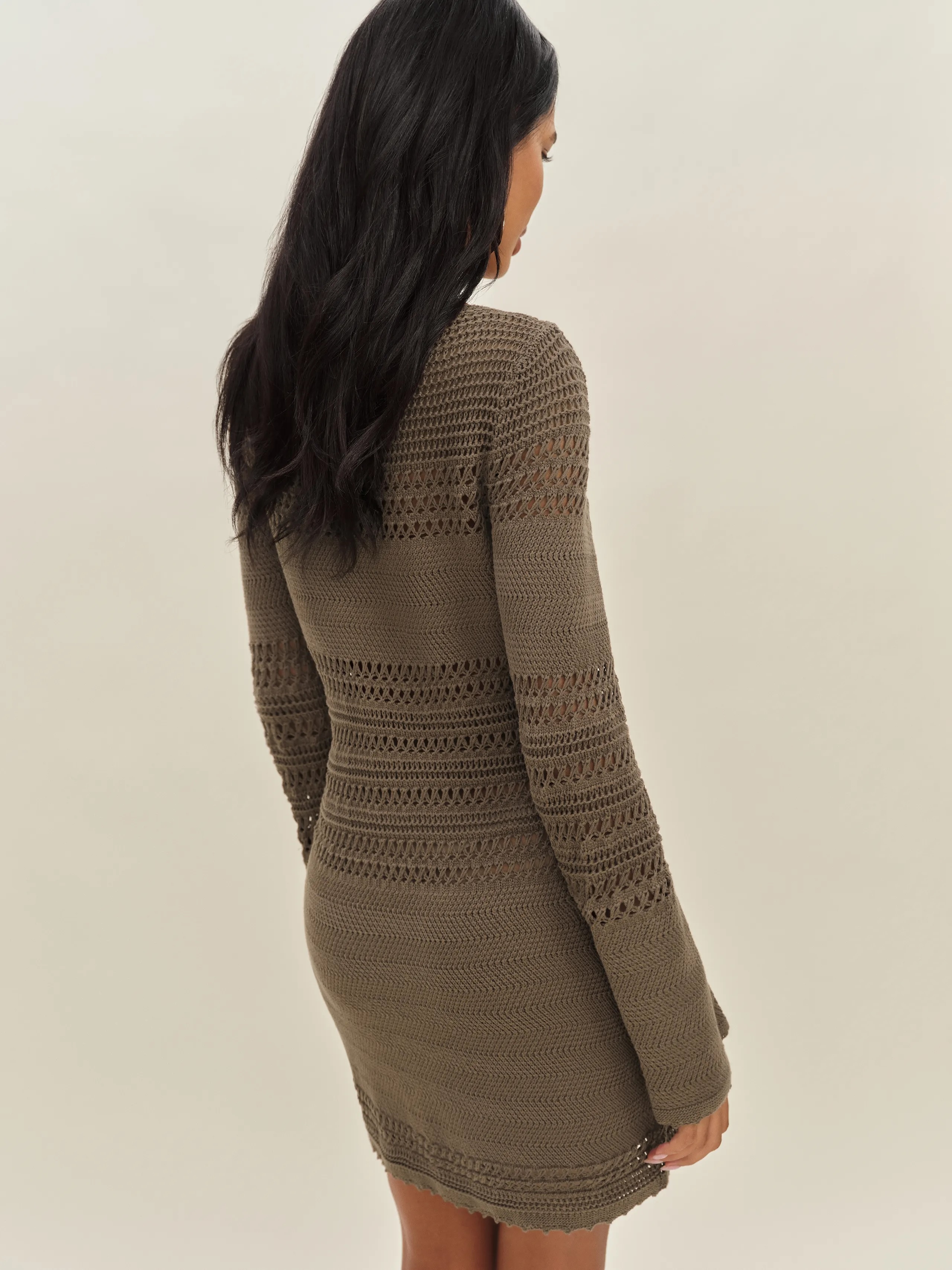 Personal Design Olive Green Crochet Knit Bell Sleeve Dress