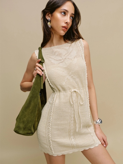 Factory Direct Beige Crochet Knit Drawstring Dress