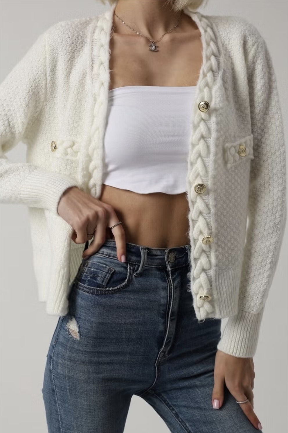 Personalized Women’s Cable Knit Cardigan with Braided Detail