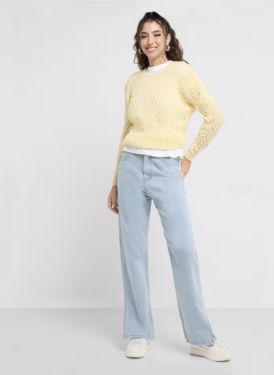 Custom Design Yellow Knit Sweater with Textured Cable Design