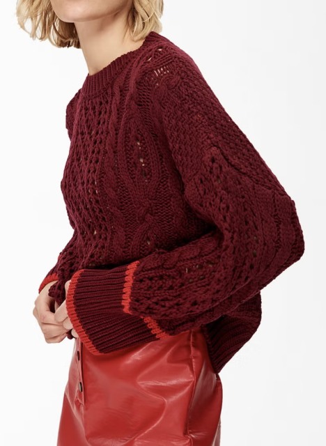 OEM ODM Burgundy Cable Knit Sweater with Red Accents