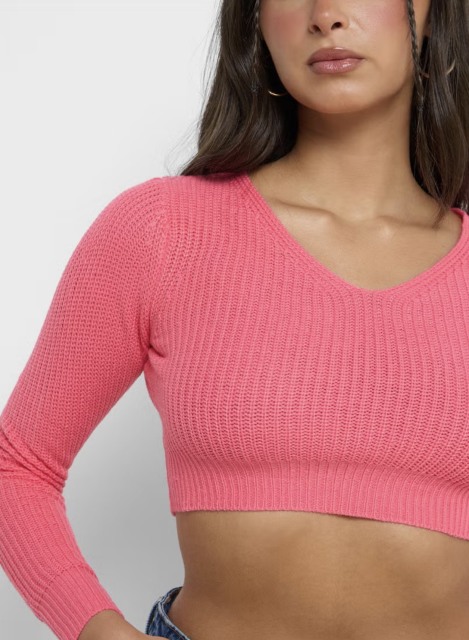 Customized Pink Ribbed Knit Cropped Sweater