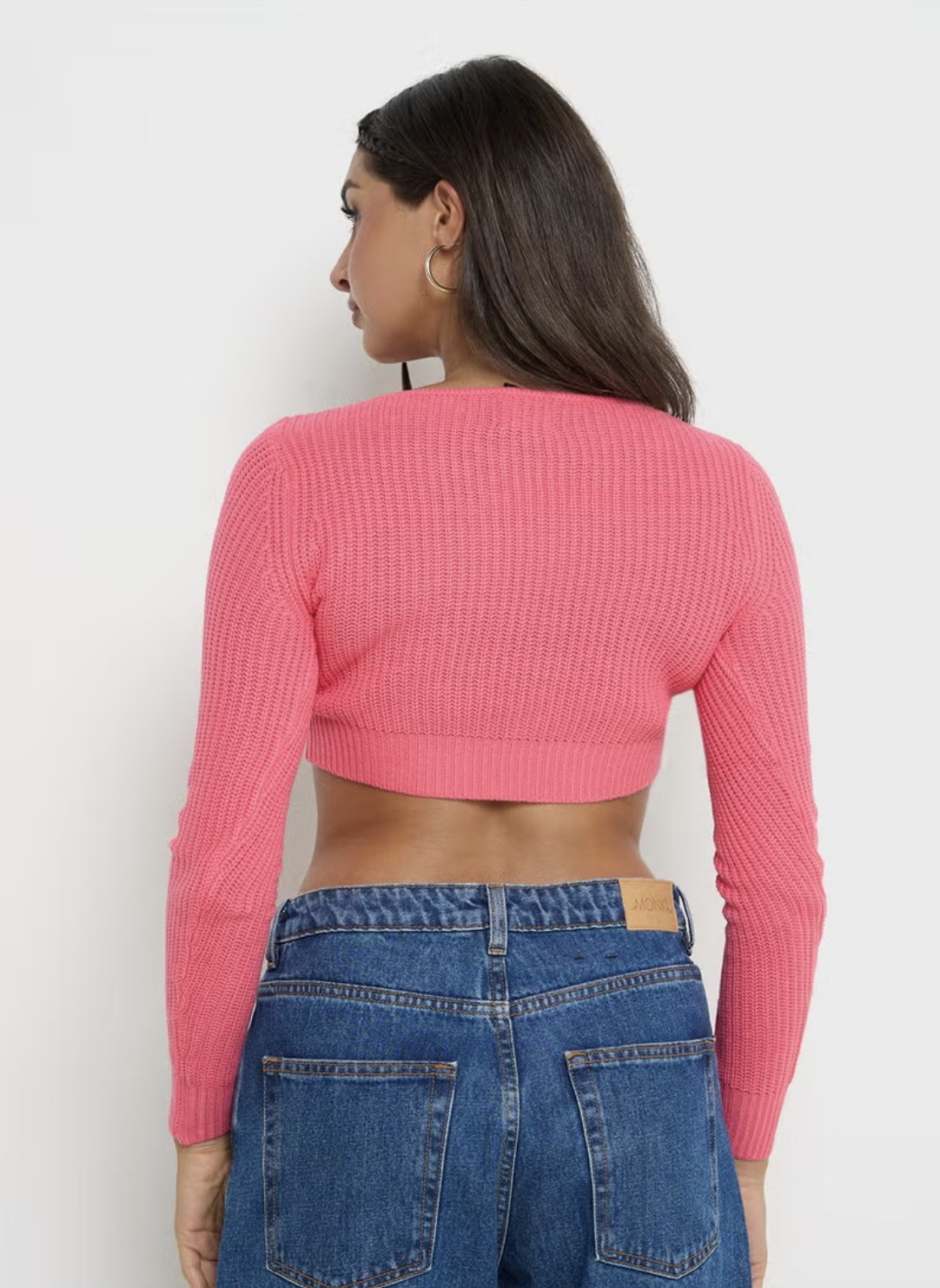 Customized Pink Ribbed Knit Cropped Sweater