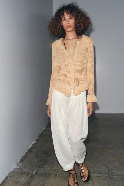 Custom Design Bohemian Crocheted Cardigan with Ruffled Hem