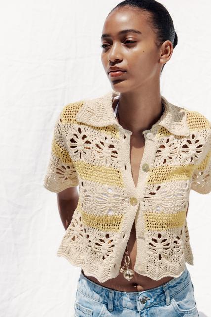 Made-to-order Crochet Floral Cardigan with Yellow Stripes