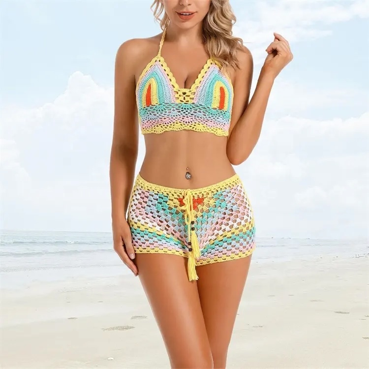 Made-to-order Boho Rainbow Crochet Two-Piece Set – Halter Top & Shorts