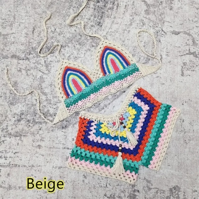 Made-to-order Boho Rainbow Crochet Two-Piece Set – Halter Top & Shorts