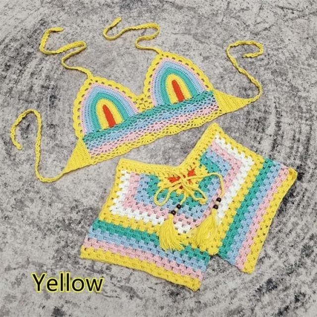 Made-to-order Boho Rainbow Crochet Two-Piece Set – Halter Top & Shorts