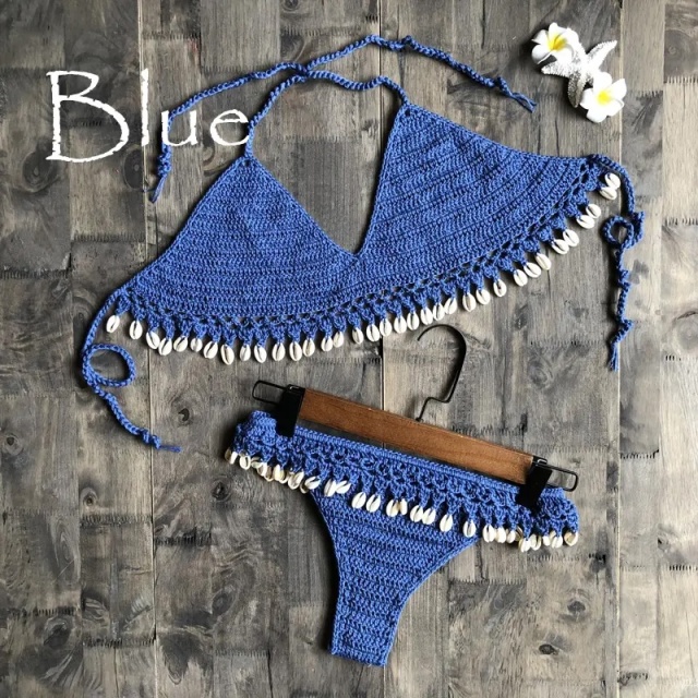 Factory Direct Red Shell-Trimmed Crochet Bikini Set – Handmade Boho Swimwear