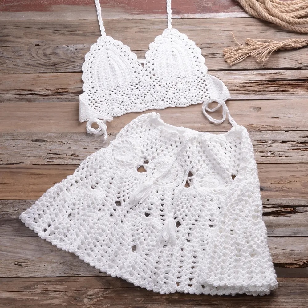 Personalized Sky Blue Handmade Crochet Halter Top & Skirt Set – Boho Summer Beachwear