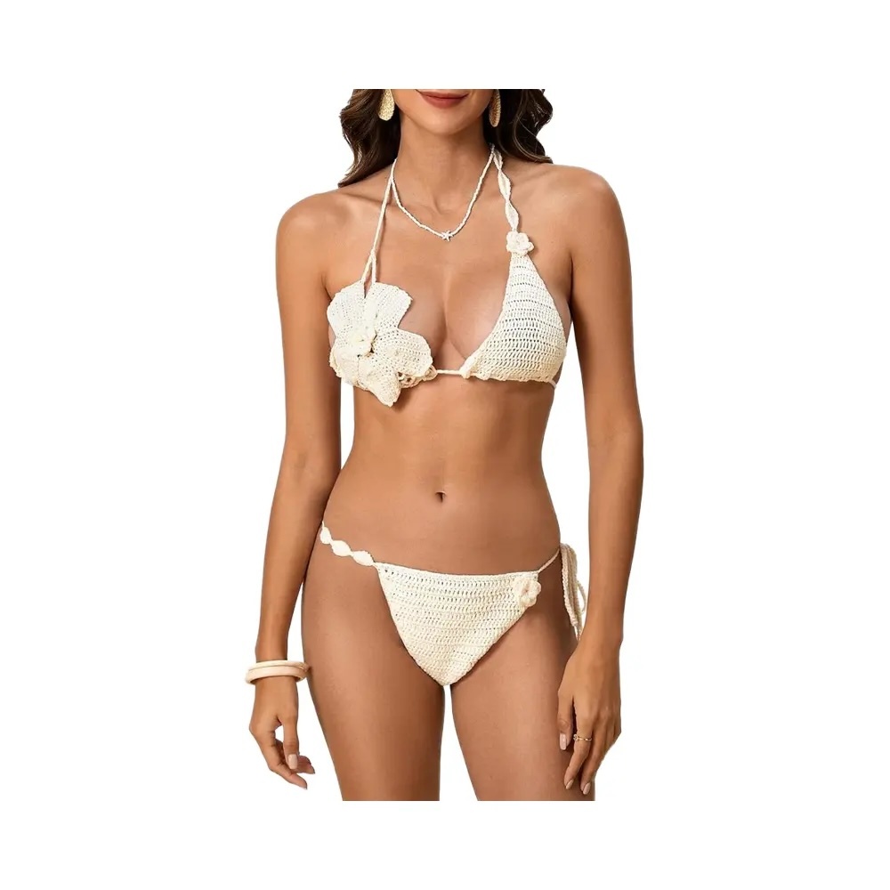 OEM ODM Ivory Blossom Handmade Crochet Bikini Set – Floral Appliqué Triangle Swimwear
