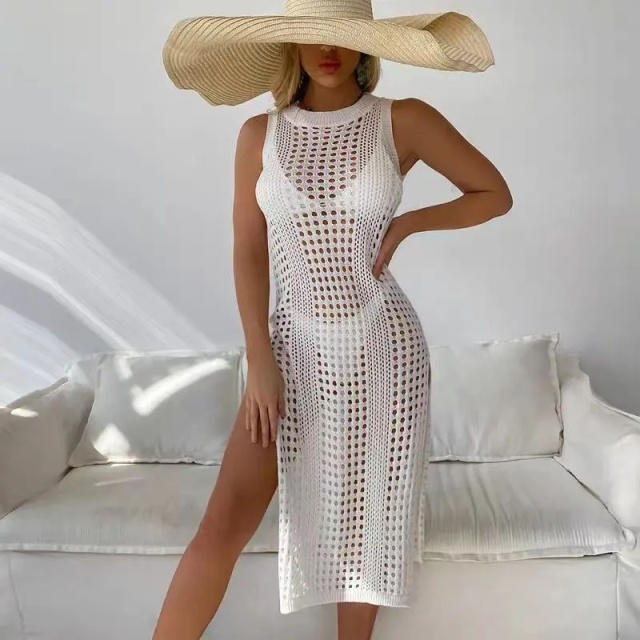Wholesale Sandstone Sleeveless Crochet Cover-Up Dress – Open-Knit Beachwear