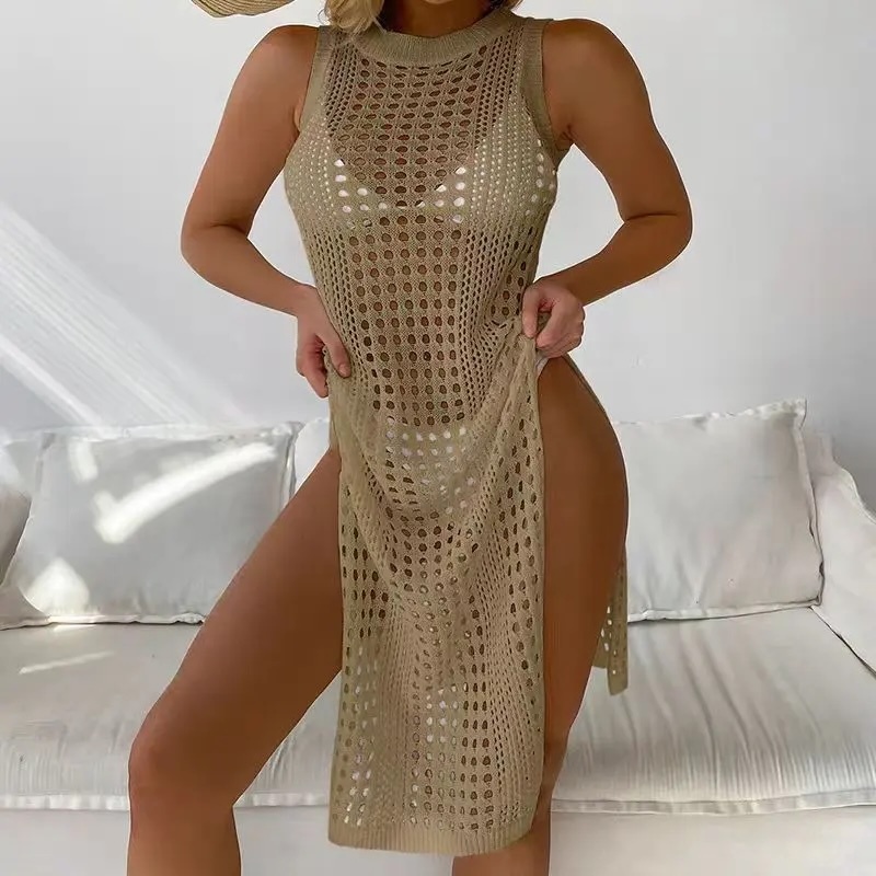 Wholesale Sandstone Sleeveless Crochet Cover-Up Dress – Open-Knit Beachwear