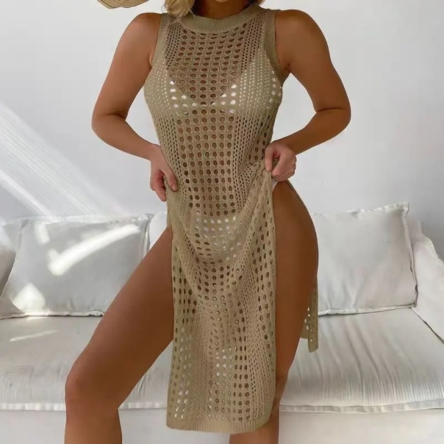 Wholesale Sandstone Sleeveless Crochet Cover-Up Dress – Open-Knit Beachwear