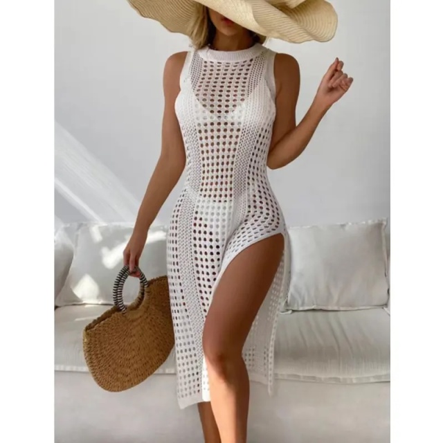 Wholesale Sandstone Sleeveless Crochet Cover-Up Dress – Open-Knit Beachwear