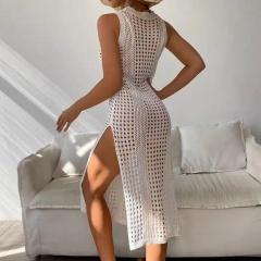 Wholesale Sandstone Sleeveless Crochet Cover-Up Dress – Open-Knit Beachwear