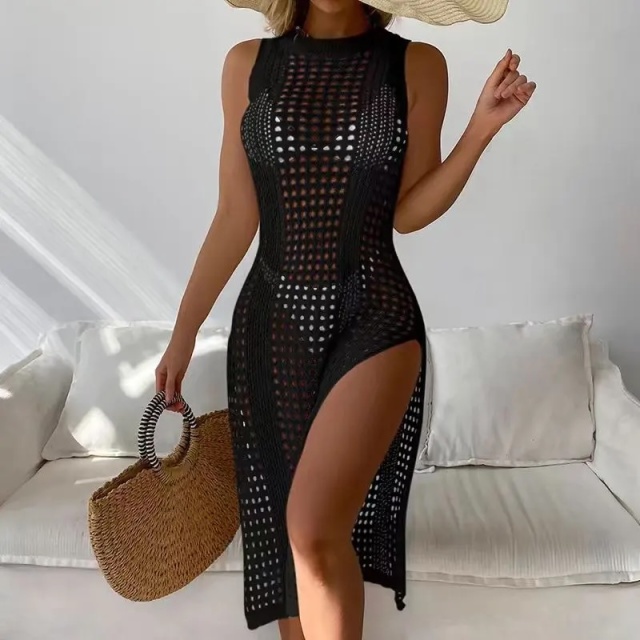 Wholesale Sandstone Sleeveless Crochet Cover-Up Dress – Open-Knit Beachwear