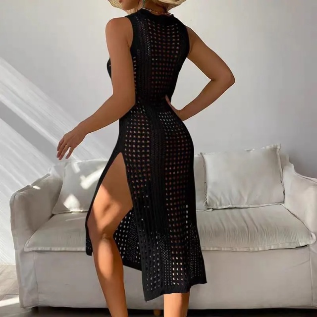 Wholesale Sandstone Sleeveless Crochet Cover-Up Dress – Open-Knit Beachwear