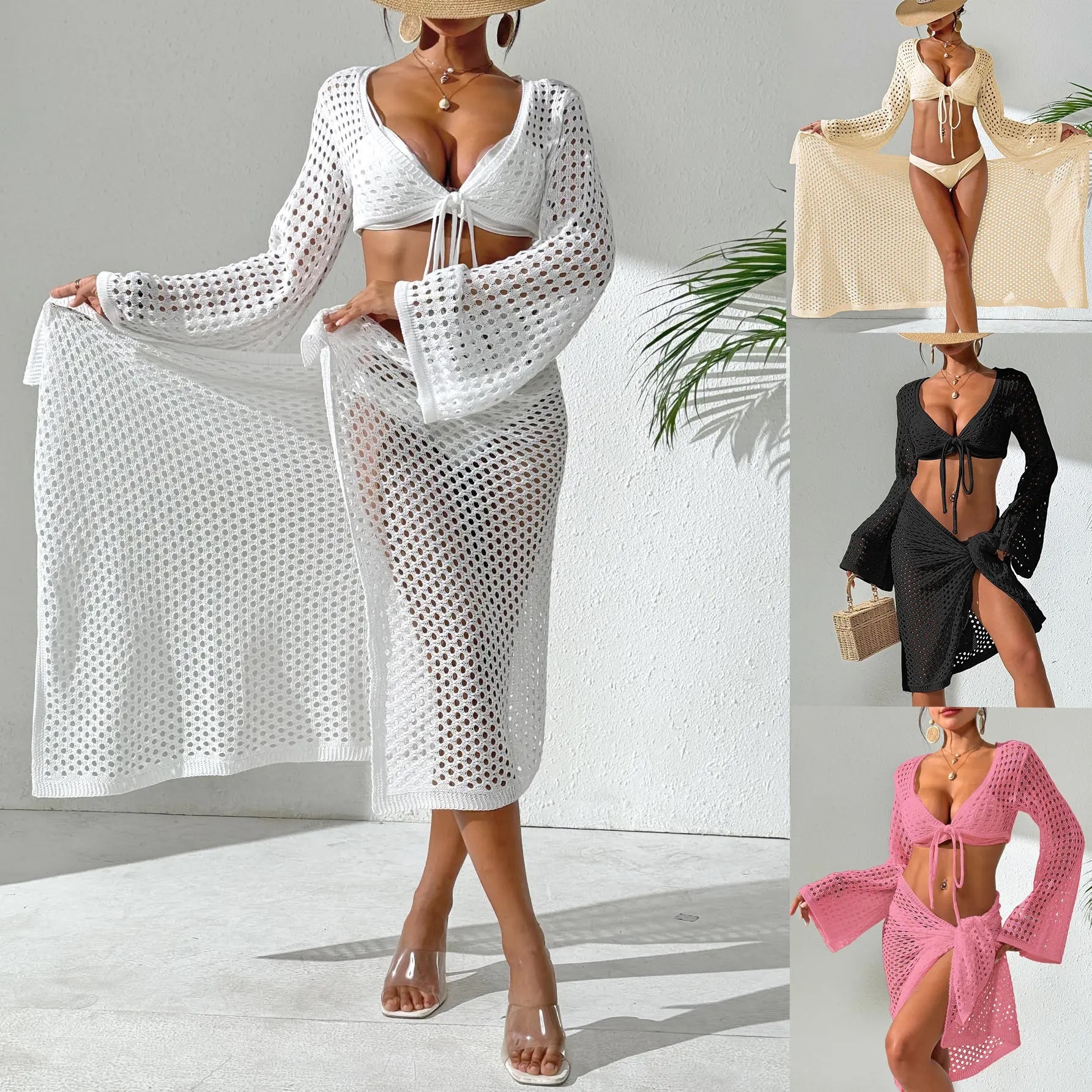 Tailor-made White Breeze Crochet Cover-Up Set – Two-Piece Bell Sleeve Top & Wrap Skirt