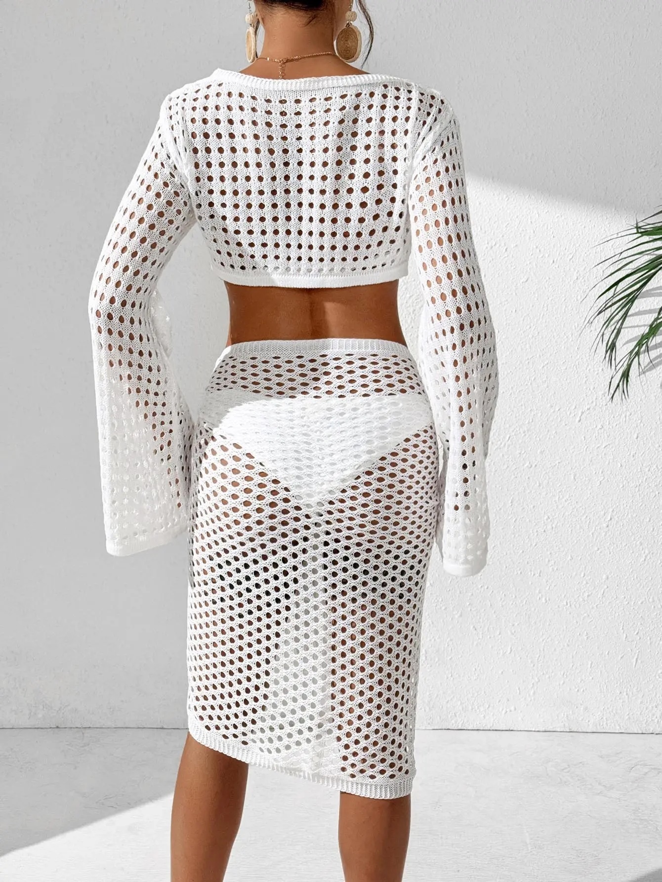 Tailor-made White Breeze Crochet Cover-Up Set – Two-Piece Bell Sleeve Top & Wrap Skirt