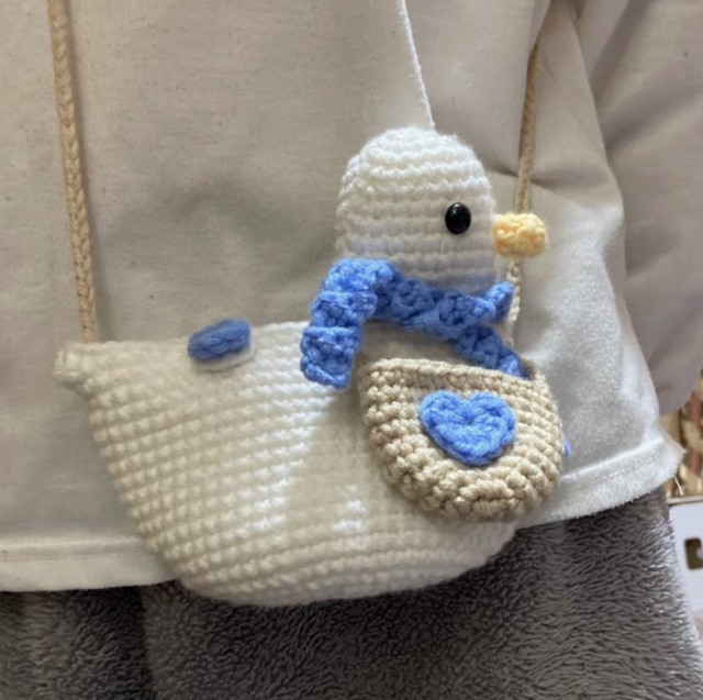Handmade Crochet Duck Crossbody Bag with Blue Scarf and Heart Detail