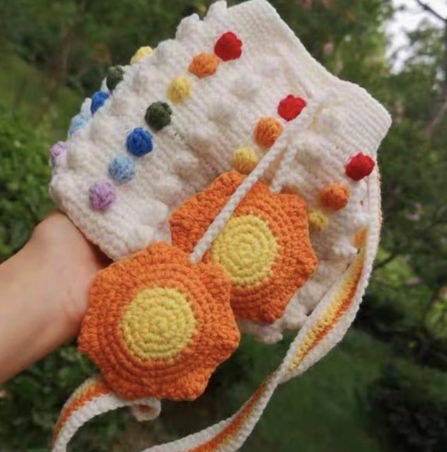 Handcrafted Crochet Sunflower Pom-Pom Shoulder Bag