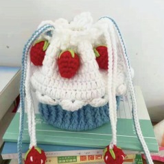 Handcrafted Crochet Strawberry Cupcake Drawstring Bag