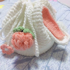 Handcrafted Crochet Bunny Ears Peach Drawstring Bag