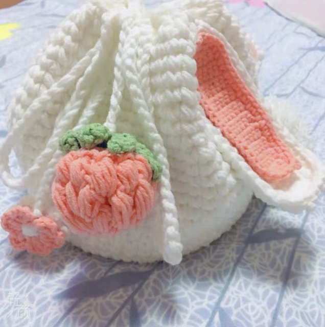Handcrafted Crochet Bunny Ears Peach Drawstring Bag
