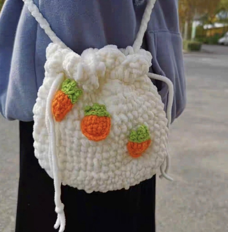 Handmade Crochet Carrot Backpack – Soft Yarn Drawstring Bag for Girls & Women